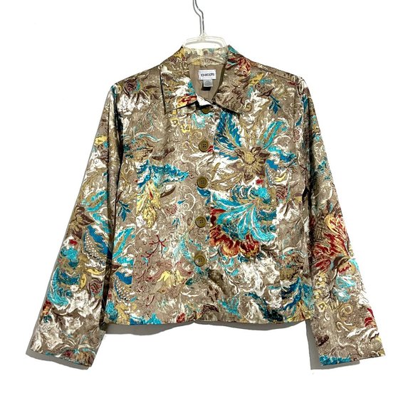 Chico's Cotton-Silk Oriental Floral Design Stephan Jacket - Picture 1 of 14
